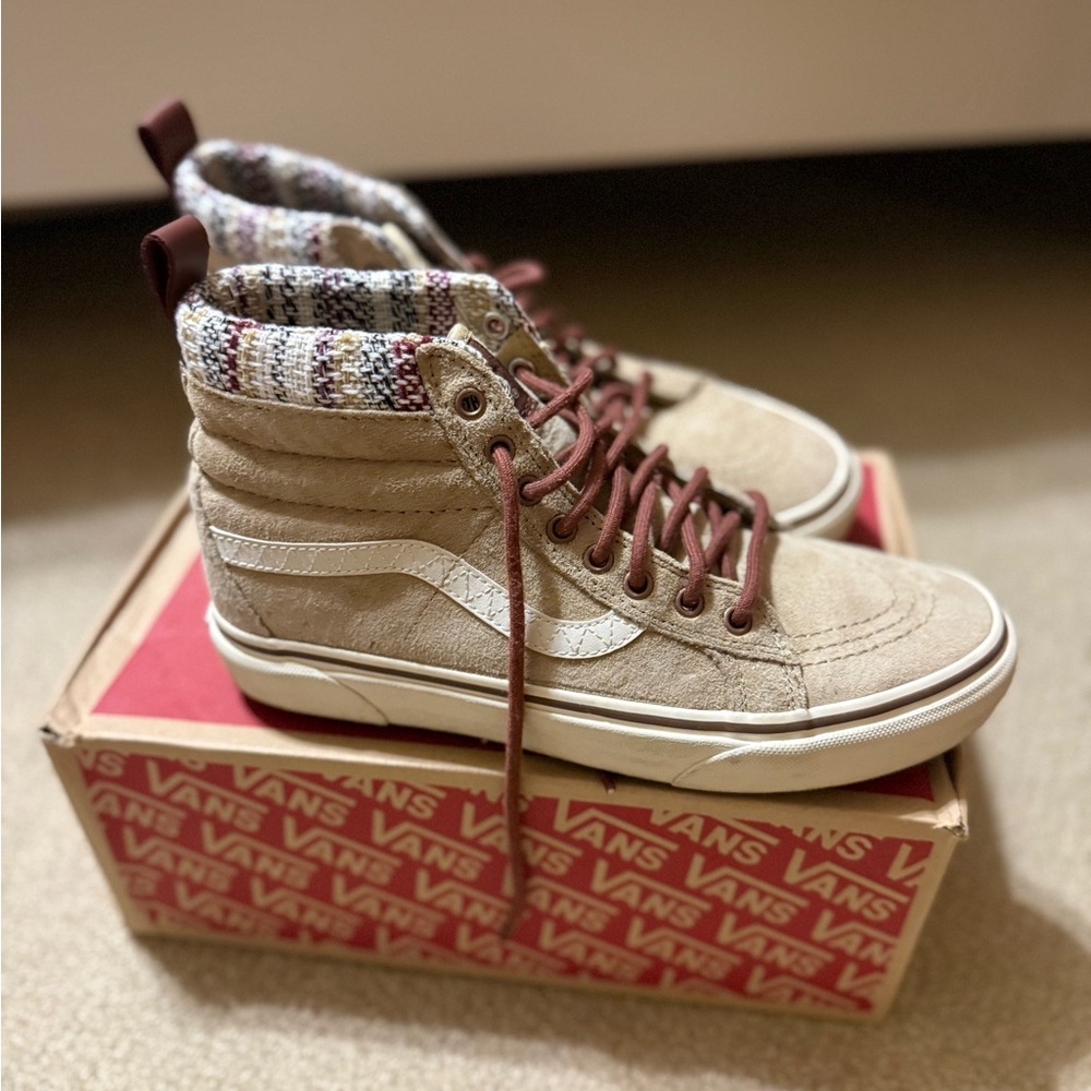 Vans Women's Beige Suede High-Top Booties with Patterned Knit Collar
